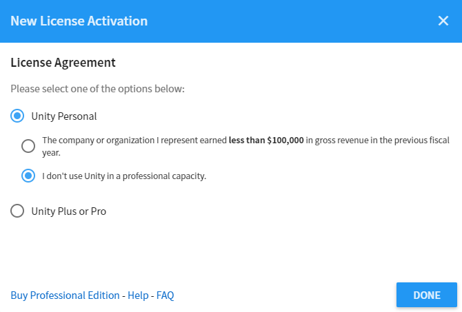 Unity personal license activation